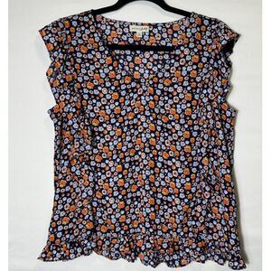 Maison Jules Women's Granny Core Sleeveless Ruffled V-Neck Blouse Size L Flowers